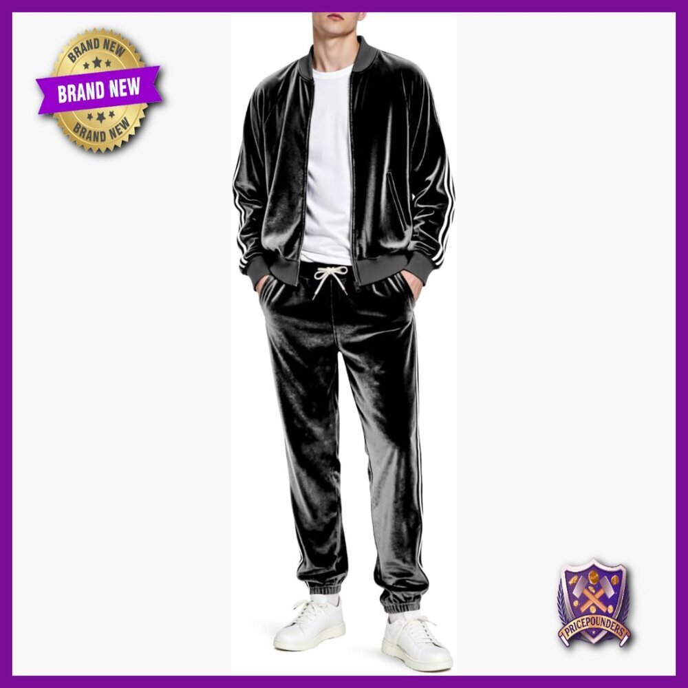 Men's Velour Tracksuit Set Full Zip Jacket Jogger Pants Slim Fit